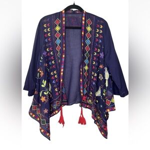 Johnny Was Tassel Kimono Sz Medium M Embroidered Floral Arrows Boho Open Top